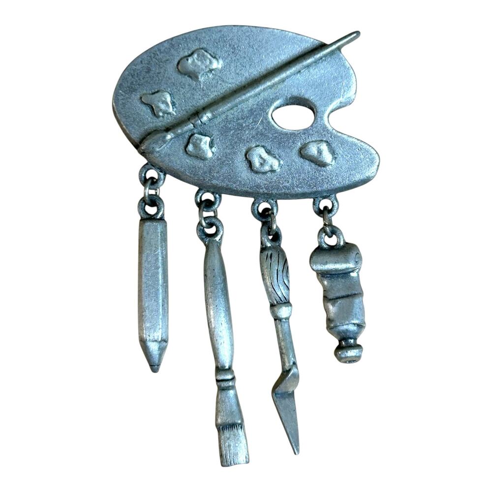 JJ Jonette Artist Paint Palette Brooch with Dangle Accents Brushed Silver Tone